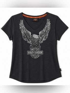 Harley Davidson Womens V Neck Eagle Graphic Tee Gray Black Moto Biker Shirt